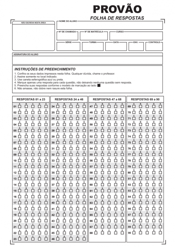 Impressão de Folha de Resposta para Simulado Panamby - Folha de Resposta em Branco